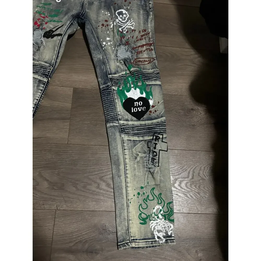 BIEPA Jeans Men’s Size 38 Distressed Moto Graffiti Skinny Jeans